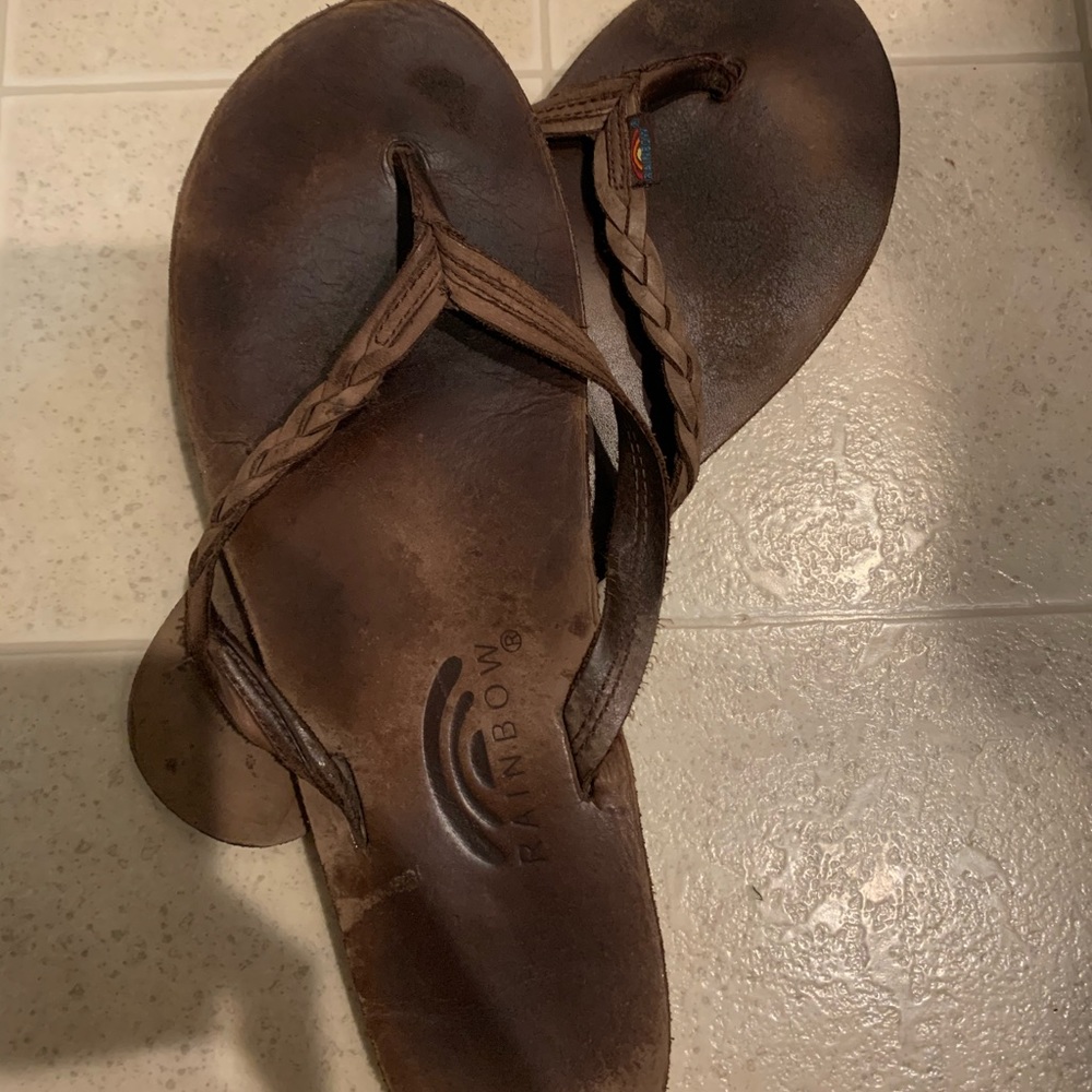 Rainbow braided flip flops